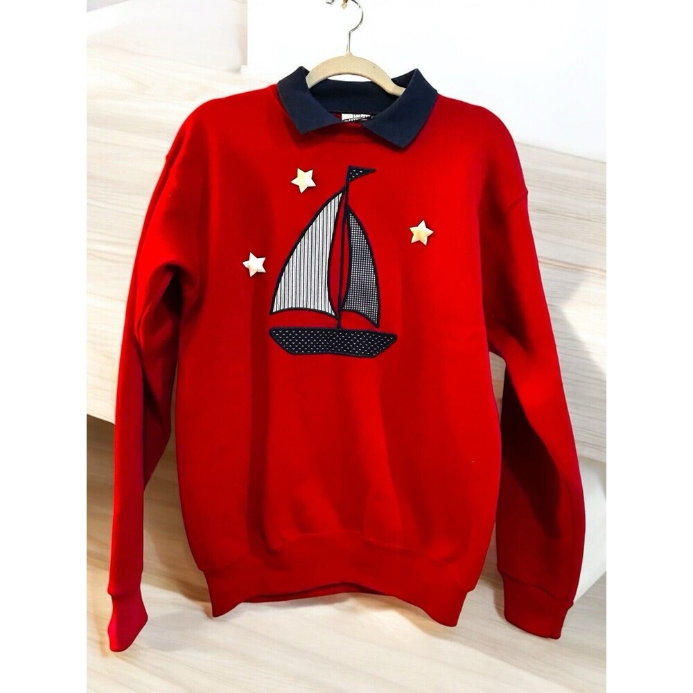 VTG Lee Heavyweight Sailboat Nautical Stars Collared Crewneck Sweatshirt Size M